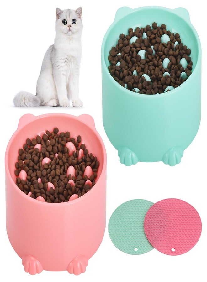 TranRantic 2 Pcs Raised Slow Feeder Cat Bowl, Plastic Elevated Cat Slow Feeder Bowl with Anti-Skid Mat, Raised Slow Cat Feeder for Dry and Wet Food (Green＆Pink) - Image 1